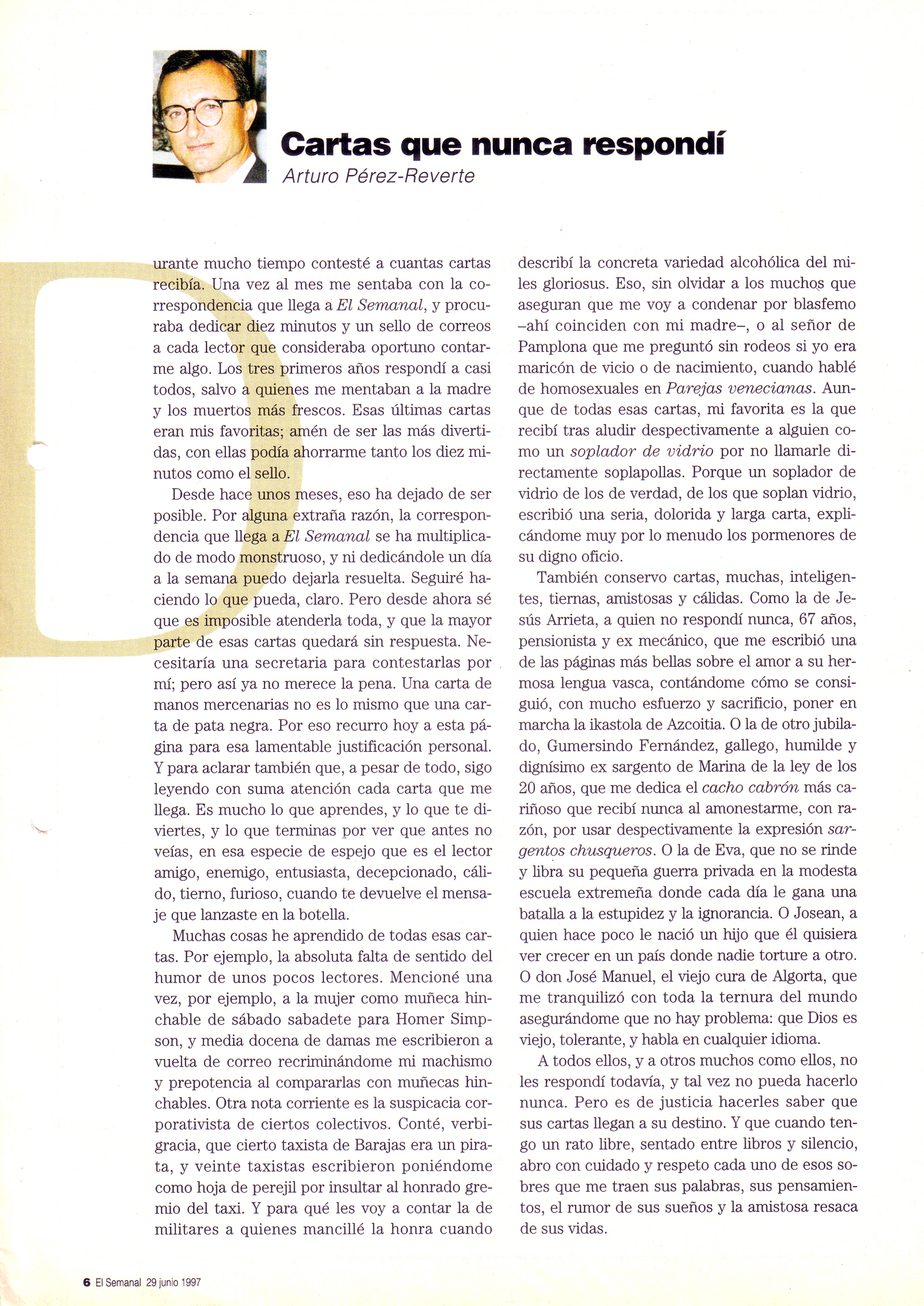 "Cartas que nunca respondí" El Semanal 29 de junio de 1997